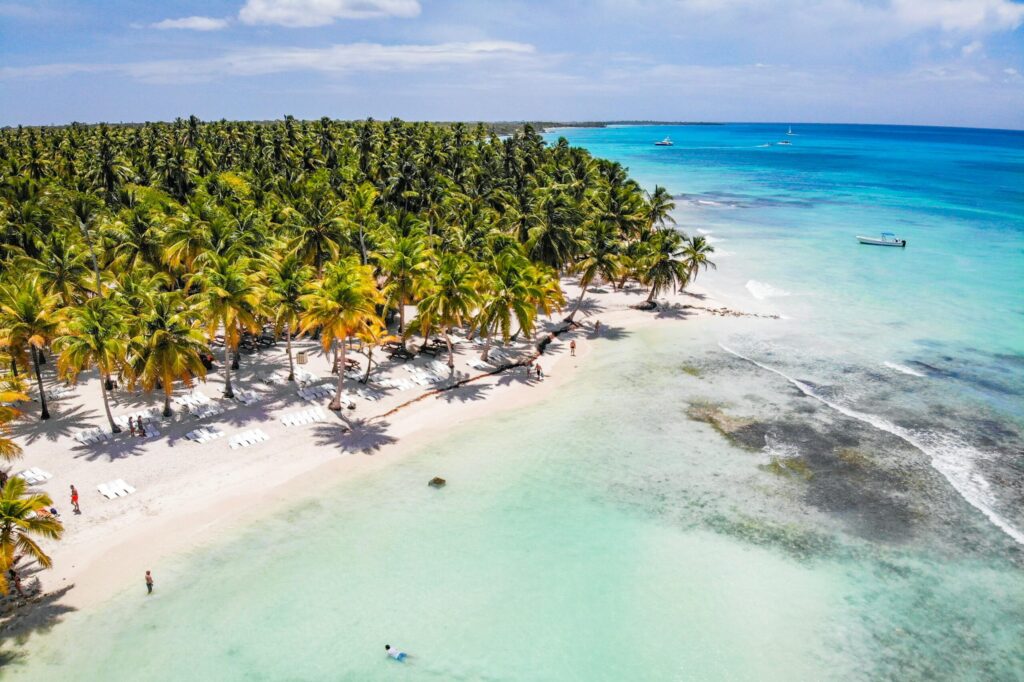 Stunning aerial view of a tropical beach with palm trees and turquoise waters, perfect for a relaxing vacation.